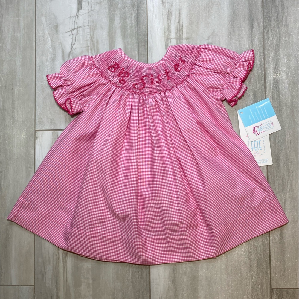 NWT Vive La Fete Pink Gingham Hand Smocked Big Sister Bishop Dress, girls 6M